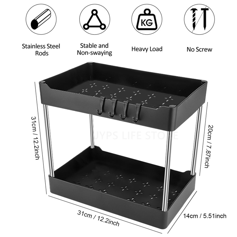 Organizador bajo el fregadero, Estantería organizadora de 2 niveles bajo el fregadero, Organizador bajo el armario, Cestas de la colección de baño con ganchos, Almacenamiento multiusos debajo del fregadero para baño y cocina