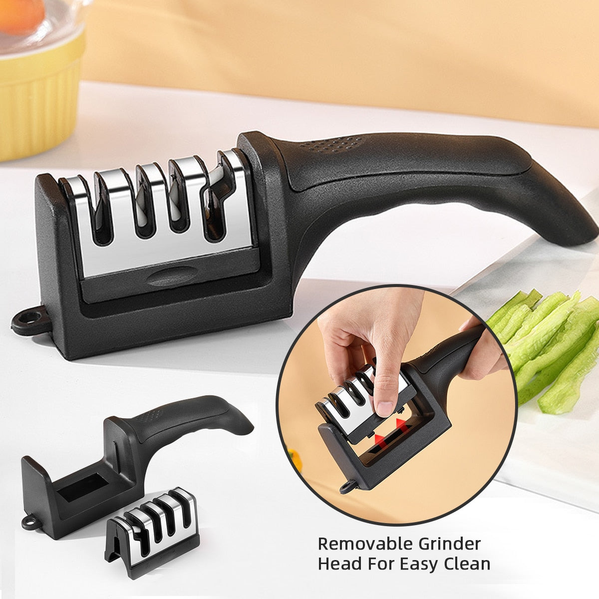 Afilador de Cuchillos de cocina de 4 segmentos Afilador Doméstico Multifuncional de mano Piedra de afilar negra