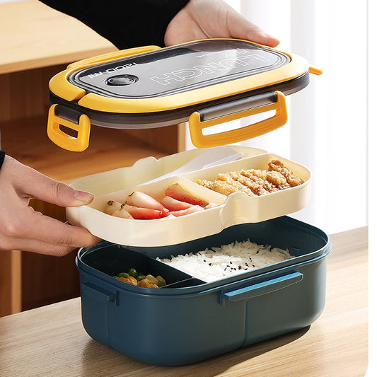 Lonchera individual de doble capa, compartimento portátil, caja de comida para frutas, fiambrera para microondas con tenedor y cuchara, caja fresca para Picnic